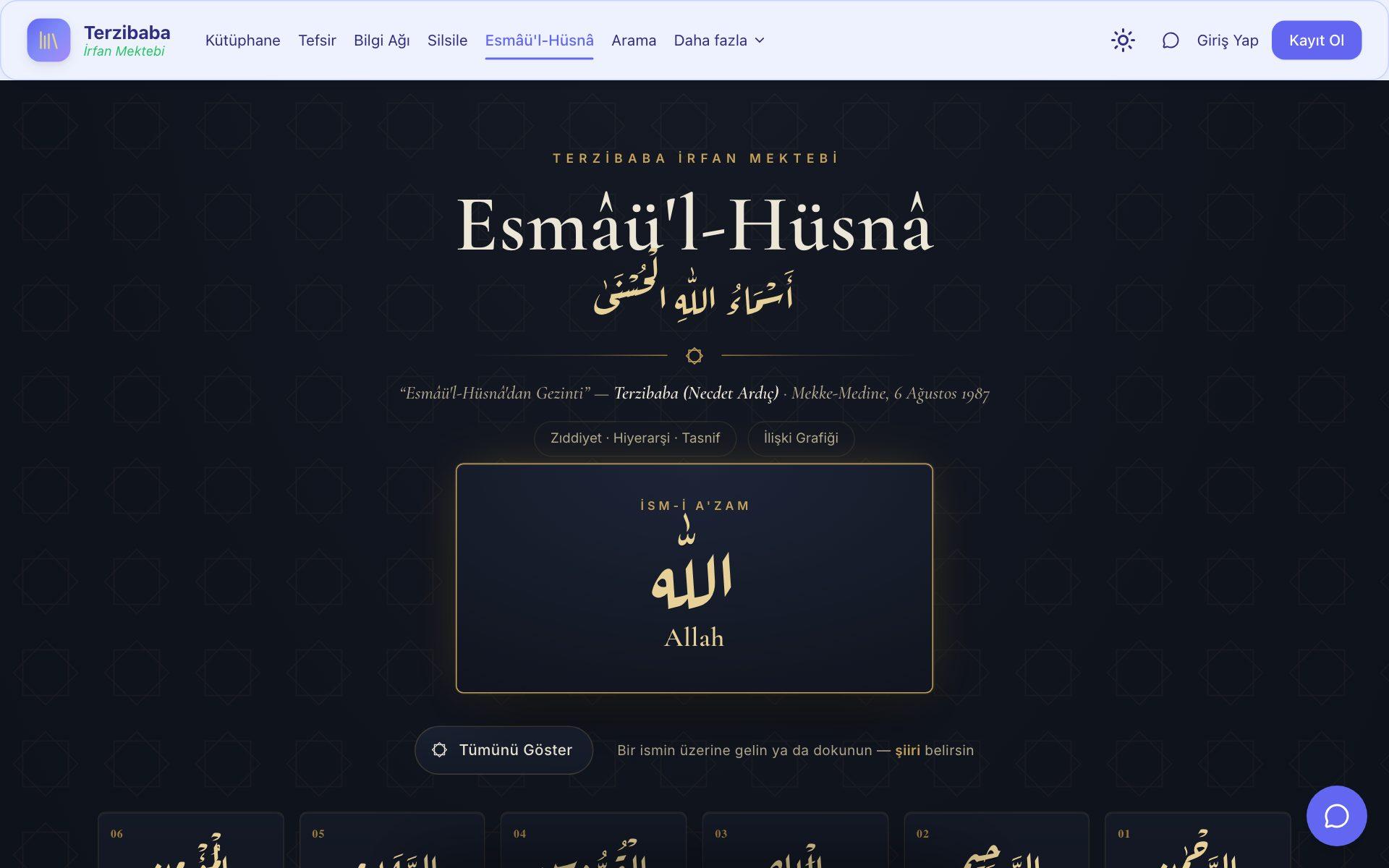 Esmâü’l-Hüsnâ sayfası: güzel isimler hat ve okunuşlarıyla