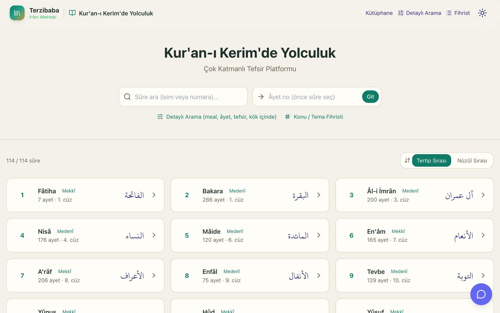 Kur’an-ı Kerim’de Yolculuk: sûre listesi ve âyet okuma arayüzü